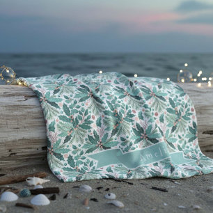 Teal Christmas Holly Berries Pattern#17 ID1009 Fleece Blanket