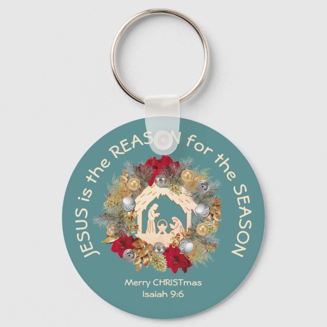 Teal Christmas JESUS IS THE REASON Keychain (Front)