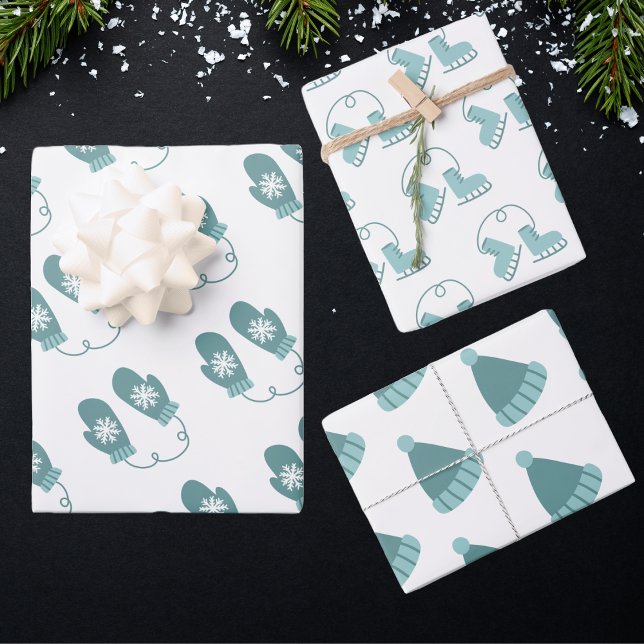  Teal Christmas Mittens, Ice Skates and Hats Wrapping Paper Sheet (Creator Uploaded)