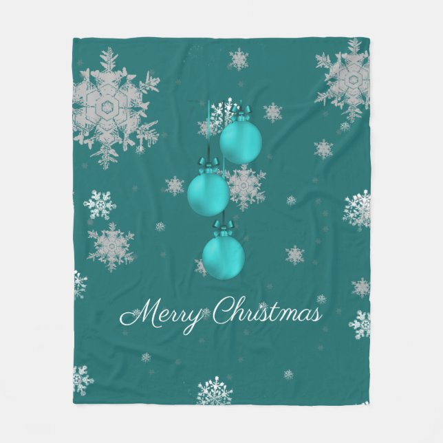 Teal Christmas Ornaments Fleece Blanket (Front)