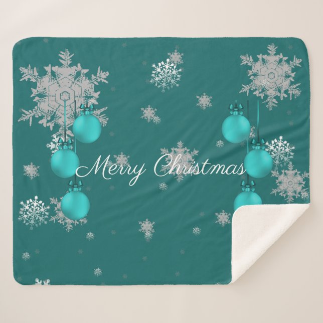 Teal Christmas Ornaments Sherpa Blanket (Front (Horizontal))