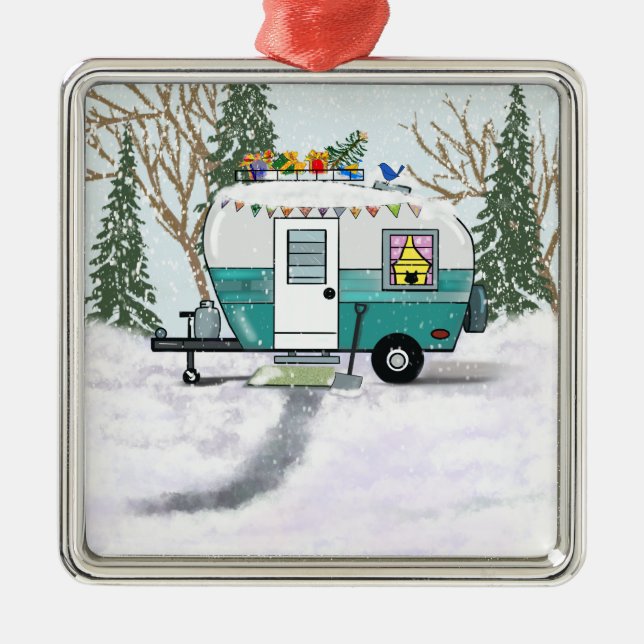Teal Christmas Trailer Metal Ornament (Front)