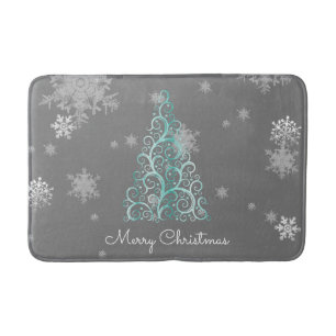 Teal Christmas Tree and Snowflakes Bath Mat