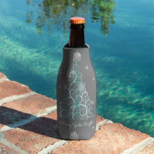 Teal Christmas Tree and Snowflakes Bottle Cooler