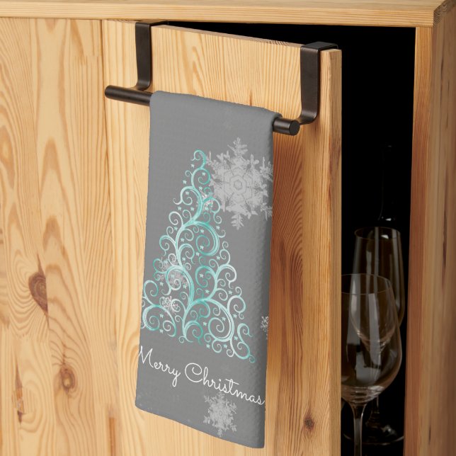 Teal Christmas Tree and Snowflakes Kitchen Towel (Thirds Fold)