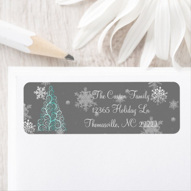 Teal Christmas Tree and Snowflakes Label (Insitu)