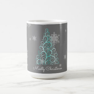Teal Christmas Tree and Snowflakes Mug