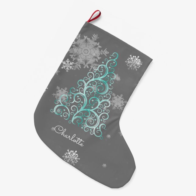 Teal Christmas Tree and Snowflakes Stocking (Front (Hanging))