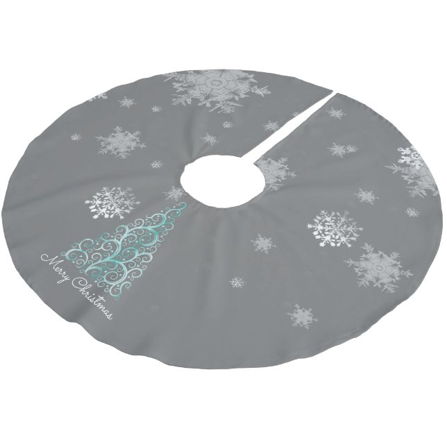 Teal Christmas Tree and Snowflakes Tree Skirt (Angled)
