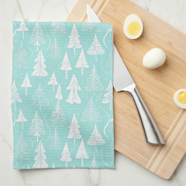 Teal Christmas Tree Pattern#6 ID1009 Kitchen Towel (Quarter Fold)