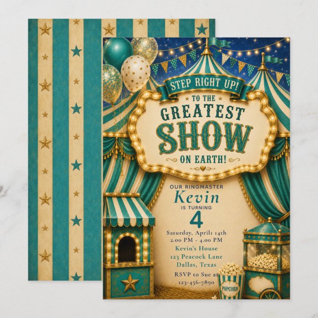 Teal Circus Party Invitation (Front/Back)