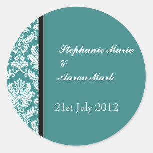 Teal Classic Damask Wedding Label Sticker