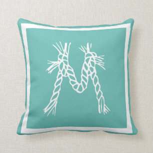 Teal coastal beach rope monogram throw pillow
