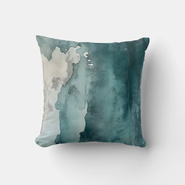 Teal Coastline Ink Wash Throw Pillow (Front)