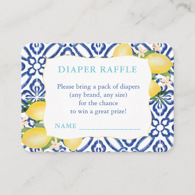 Teal, Cobalt And Lemons Diaper Raffle Baby Shower Enclosure Card (Front)