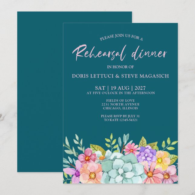  Teal Colourful  Floral Rehearsal Dinner  Invitation (Front/Back)
