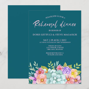  Teal Colourful  Floral Rehearsal Dinner  Invitation