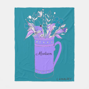 Teal Colourful Flowers In Mug womens Fleece Blanket