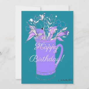 Teal Colourful Happy Birthday Flowers In Mug Holiday Card