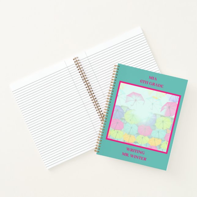 Teal Colourful Umbrellas School Class Student  Notebook (Inside)