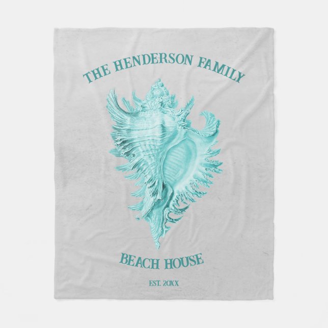 Teal Conch Shell Fleece Blanket (Front)