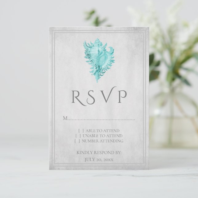 Teal Conch Shell Wedding RSVP Card (Standing Front)