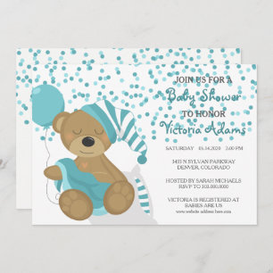 Teal Confetti Baby Bear Shower Invitation