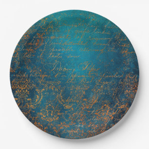 Teal & Copper Patina Script Paper Plate