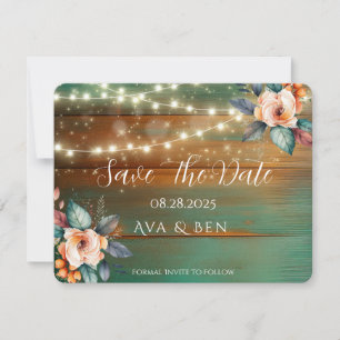 Teal Copper Wood Floral Light Save The Date Card