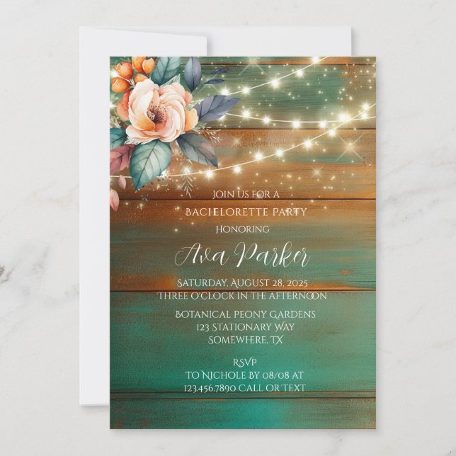 Teal Copper Wood Peony Light Bachelorette Party Invitation (Front)