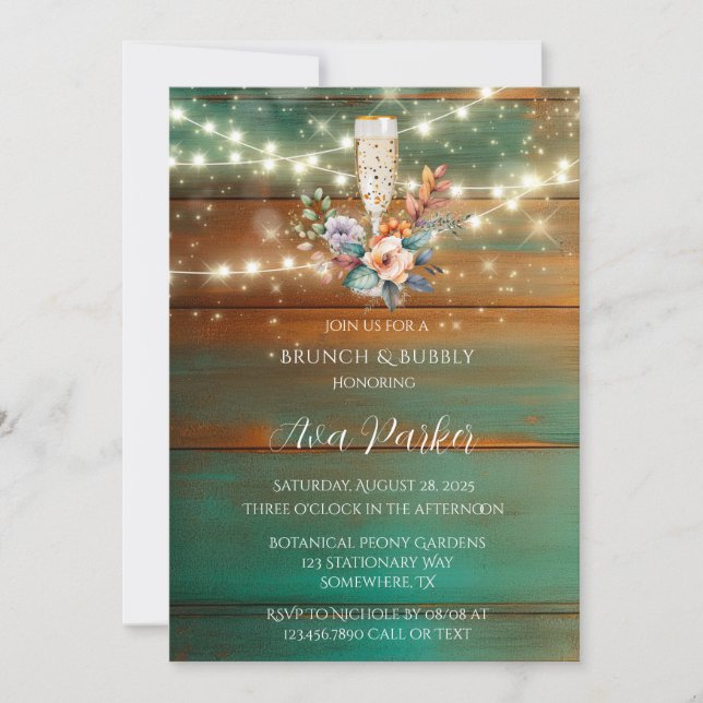 Teal Copper Wood Peony Light Brunch & Bubbly Invitation (Front)
