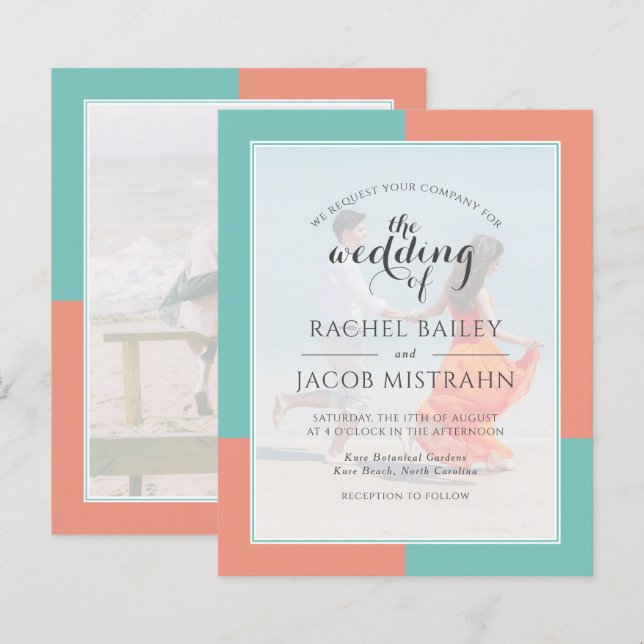 Teal & Coral 2-Photo Budget Wedding Invitation (Front/Back)