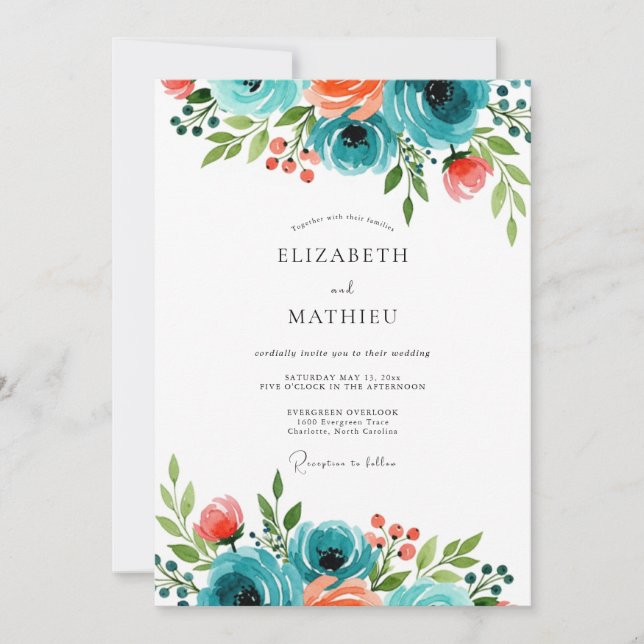 Teal Coral Beaming Botanical Wedding Invitation (Front)