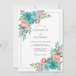 Teal Coral Bloom Romance Wedding Invitation