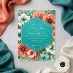 Teal Coral Bloom Romance Wedding Invitation
