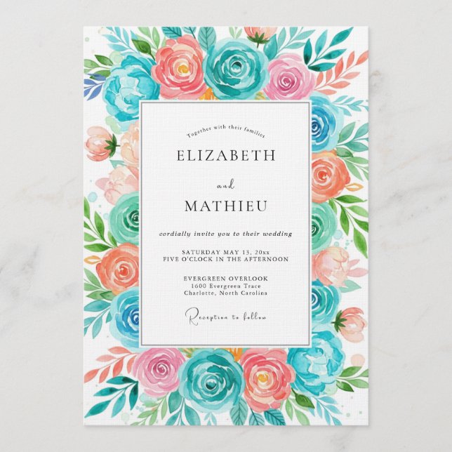 Teal Coral Bloom Romantic Wedding Invitation (Front)