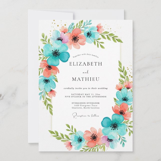 Teal Coral Blooming Romance Wedding Invitation (Front)