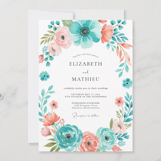 Teal Coral Botanical Bloom Wedding Invitation (Front)