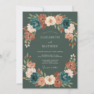 Teal Coral Botanical Flourish Wedding Invitation
