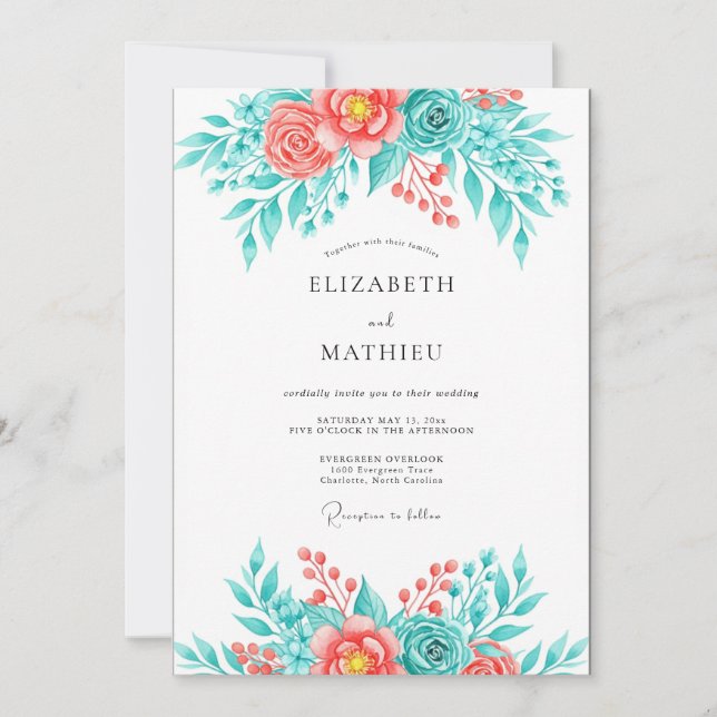 Teal Coral Breezy Botanical Wedding Invitation (Front)