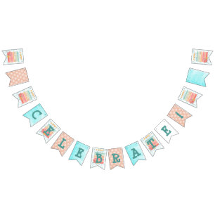 Teal & Coral Celebrate Birthday Party Flag Banner