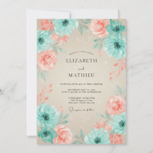 Teal Coral Floral Arch Flourish Wedding Invitation