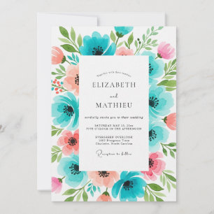 Teal Coral Floral Bloom Wedding Invitation