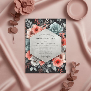 Teal Coral Floral Enchantment Wedding Invitation