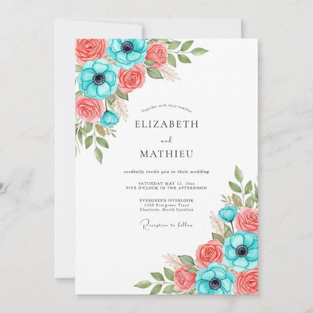 Teal Coral Floral Wedding Invitation (Front)