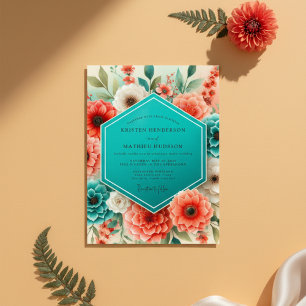 Teal Coral Floral Whimsy Wedding Invitation