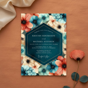 Teal Coral Floral Woodland Wedding Invitation