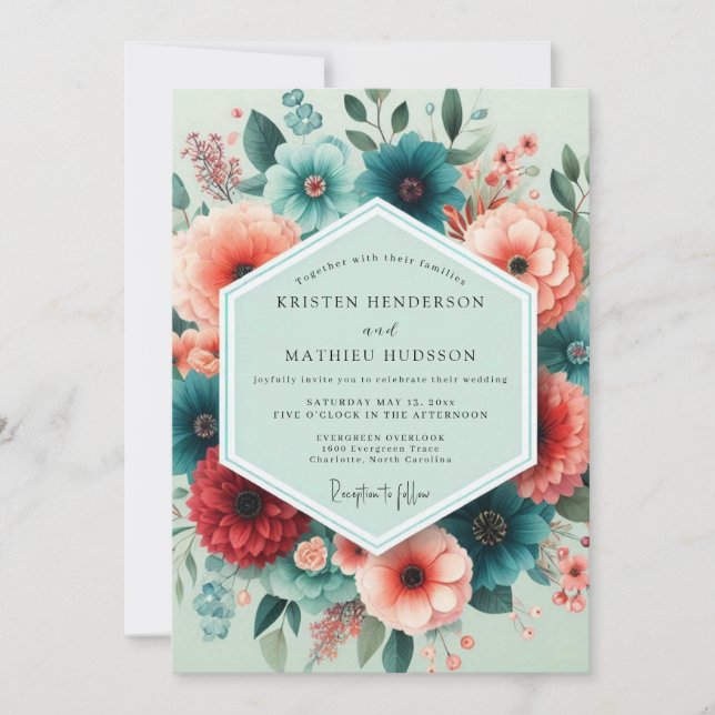 Teal Coral Flourish Wedding Invitation (Front)