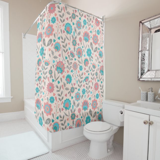 Teal & Coral Folk Art Floral Pattern (In Situ)