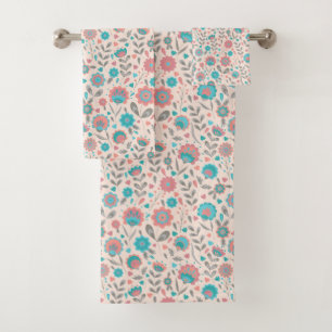 Teal & Coral Folk Art Floral Pattern Bath Towel Set
